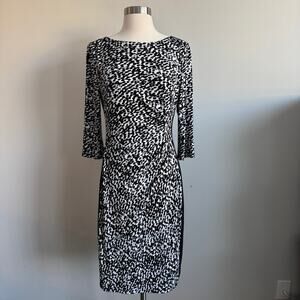 Lauren Ralph Lauren Dress Side Ruched Gather Dress Elbow Sleeve Black White 8